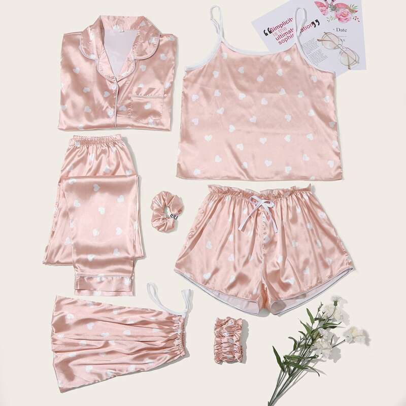 

Heart Print Lapel Collar Satin PJ Set, Pink
