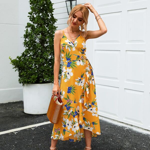

Large Floral Tie Side Ruffle Wrap Cami Dress, Multicolor