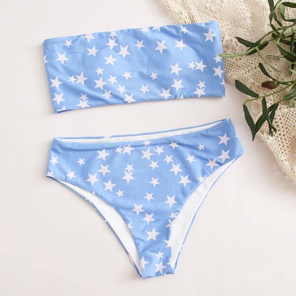 

Star Print Bandeau Bikini Swimsuit, Pastel baby blue