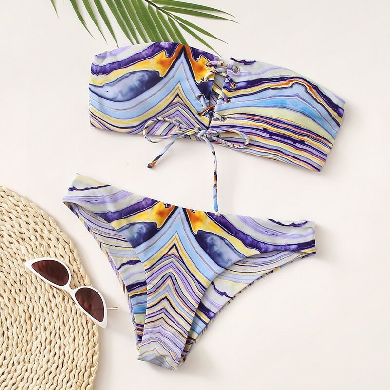 

Graphic Print Lace-up Bandeau Bikini Swimsuit, Multicolor