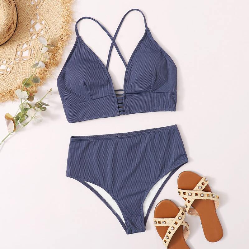 

Rib Lace-up High Waisted Bikini Swimsuit, Navy blue