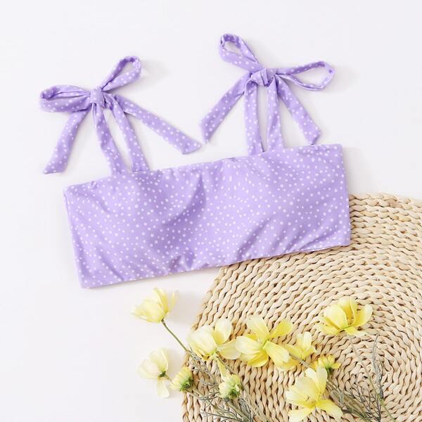 

Polka Dot Print Self-Tie Cami Bikini Top, Pastel lilac purple