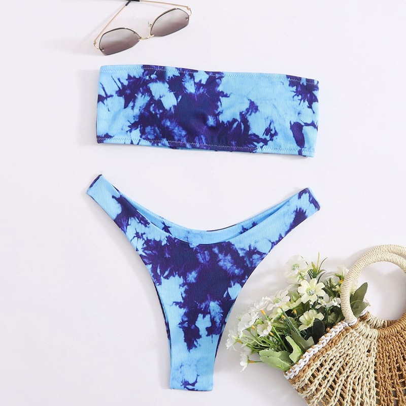 

Tie Dye Rib Bandeau High Cut Bikini Swimsuit, Blue