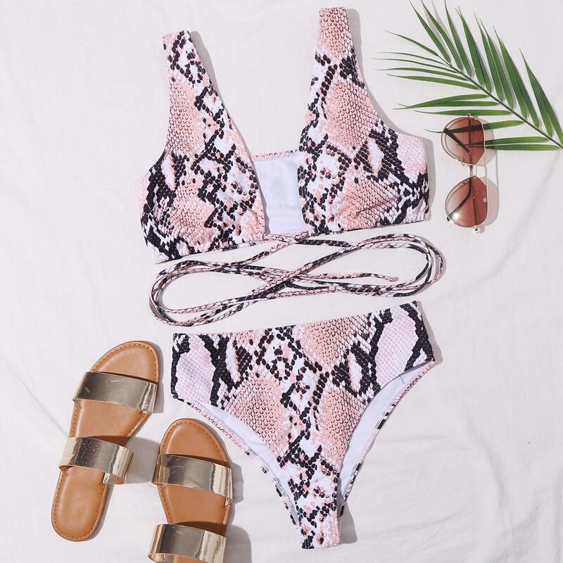 

Snakeskin Knot Front Bikini Swimsuit, Pastel baby pink