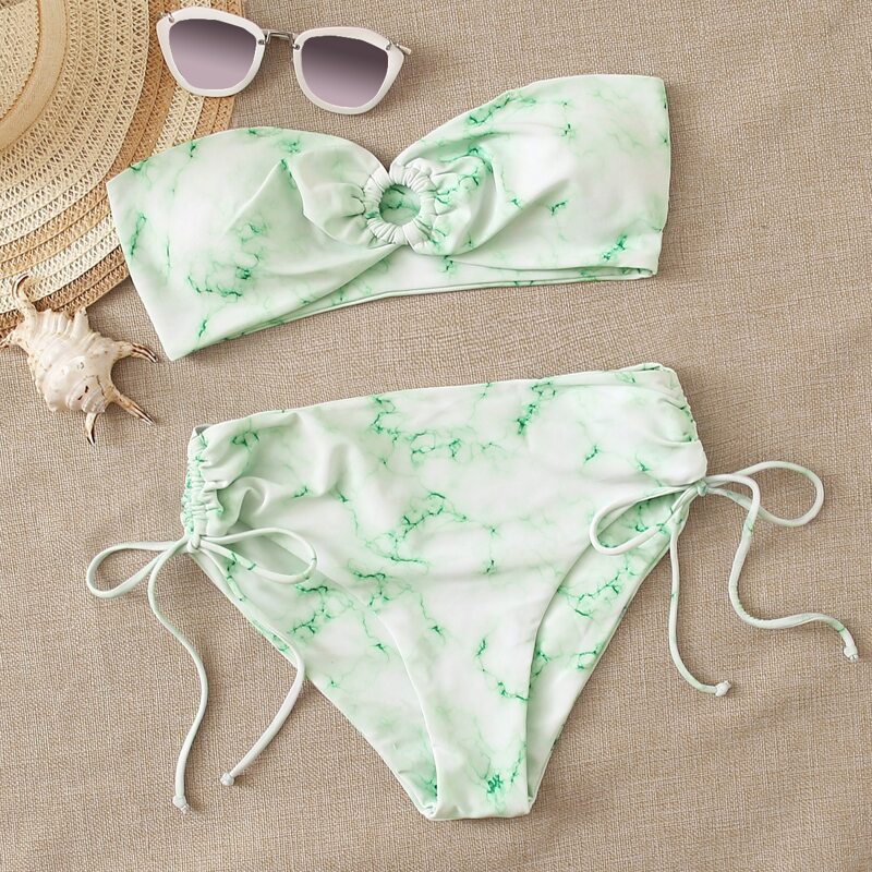 

Marble Print Ring Linked Tie Side Bikini Swimsuit, Green