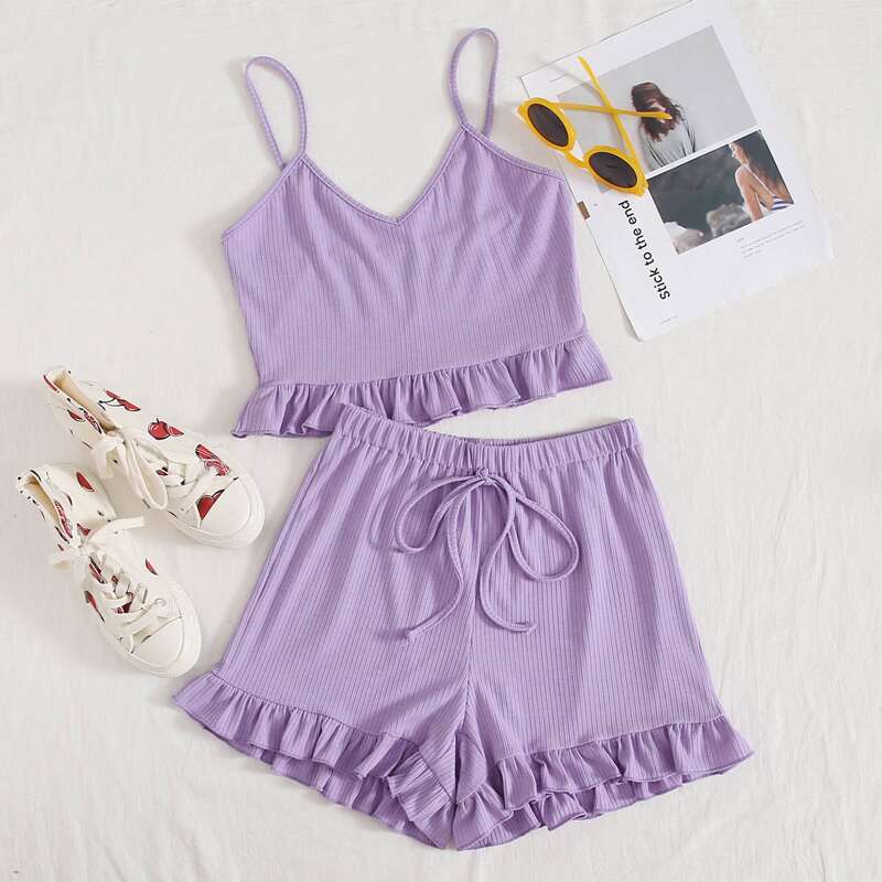 

Ruffle Trim Cami Top & Knot Front Shorts, Lilac purple