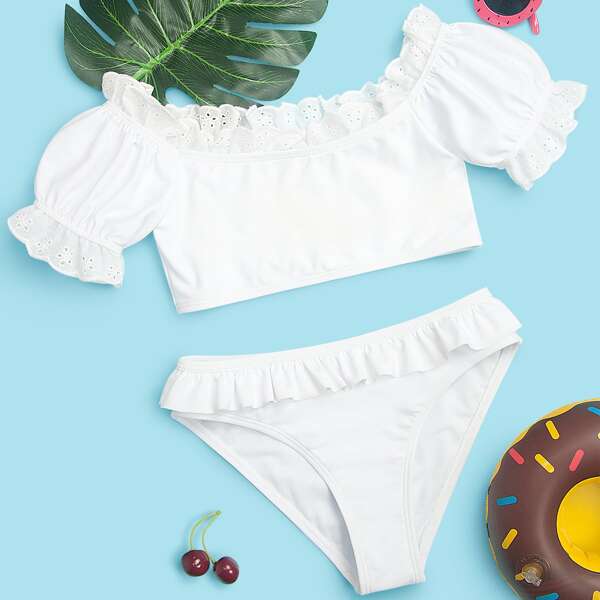

Girls Schiffy Trim Puff Sleeve Bikini Swimsuit, White
