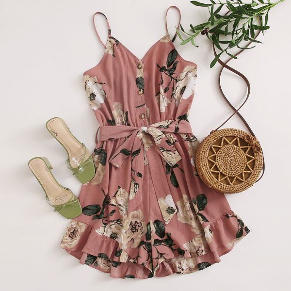 

Plus Floral Print Belted Ruffled Cami Romper, Dusty pink