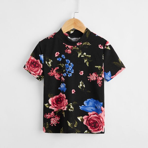 

Girls Mock-Neck Floral Print Top, Black