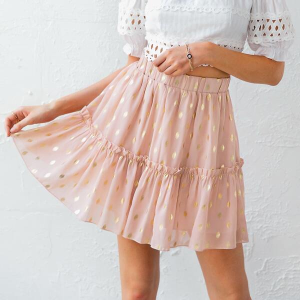 

Frill Trim Metallic Dot Skirt, Pink