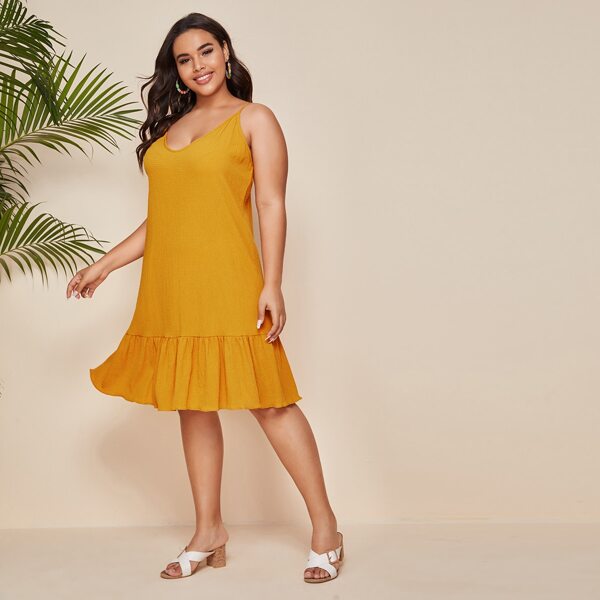

Plus Solid Ruffle Hem Midi Cami Sundress, Mustard yellow