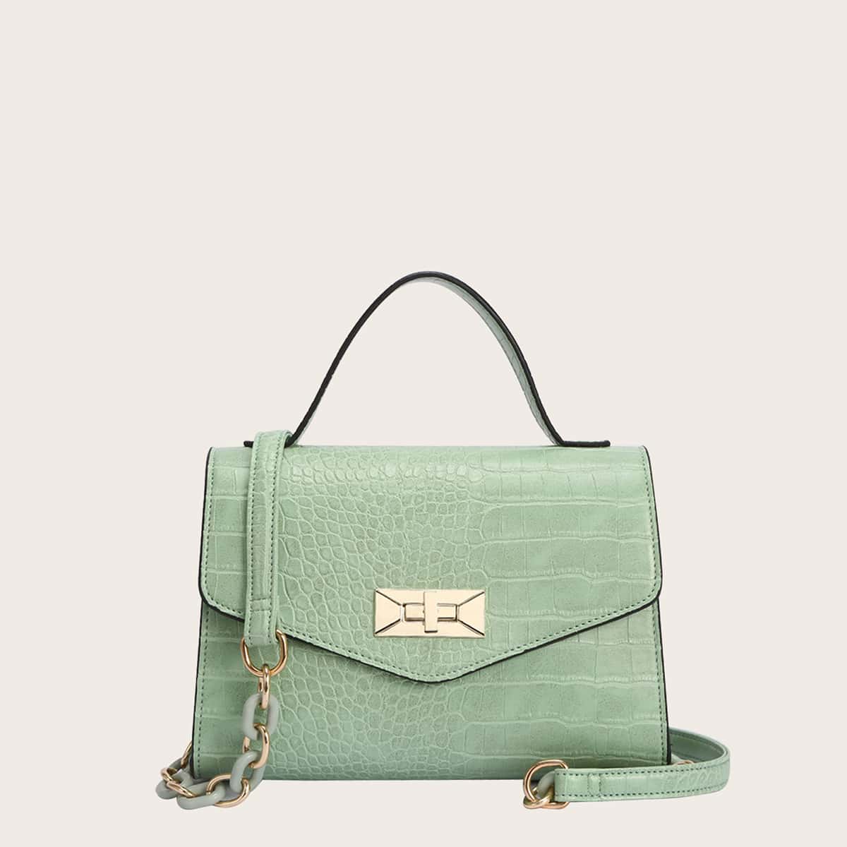 

Croc Embossed Twist Lock Satchel Bag, Green