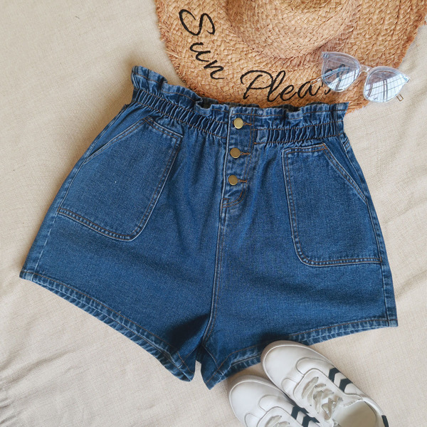 

Plus Buttoned Paperbag Waist Denim Shorts, Medium wash