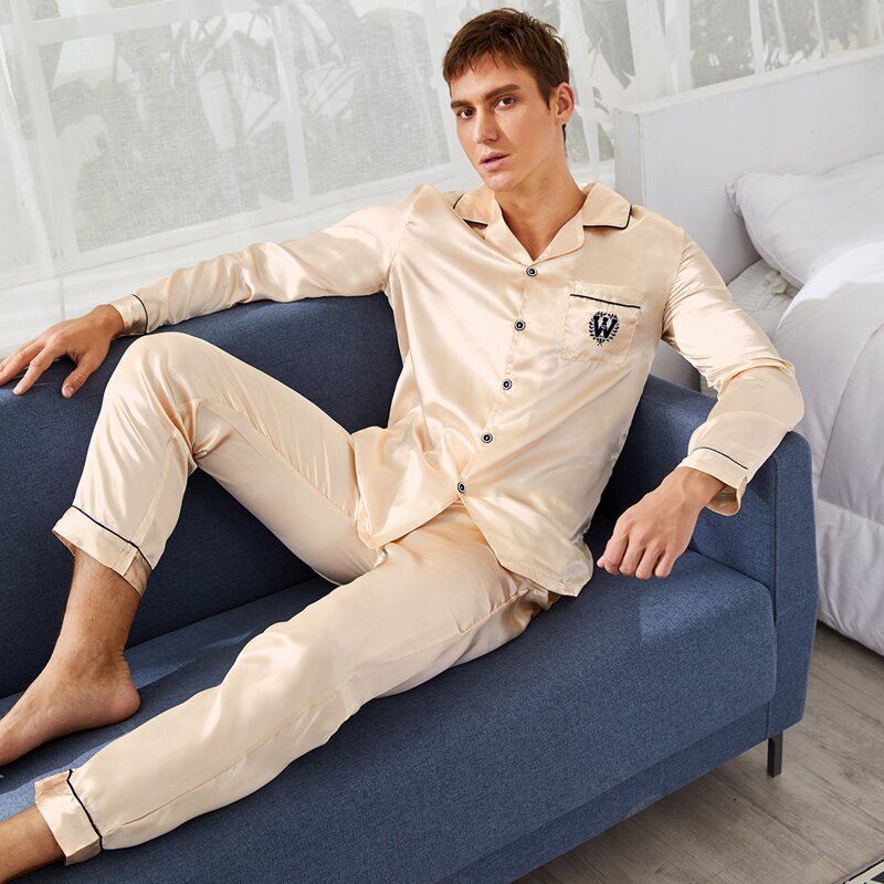 

Guys Leaf And Letter Embroidery Satin Pajama Set, Beige