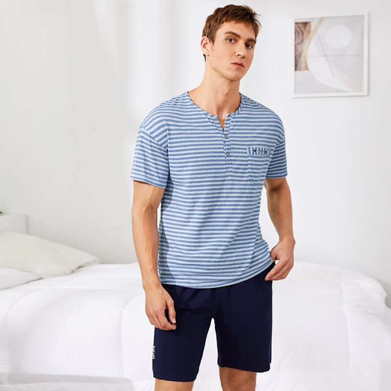 Guys Letter Print Striped Button Front Pajamas Set, Multicolor