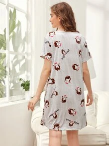 Striped & Cartoon Figure Graphic Night Dress - Grey - View 2