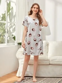 Striped & Cartoon Figure Graphic Night Dress - Grey - View 4