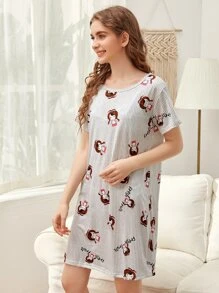 Striped & Cartoon Figure Graphic Night Dress - Grey - View 5