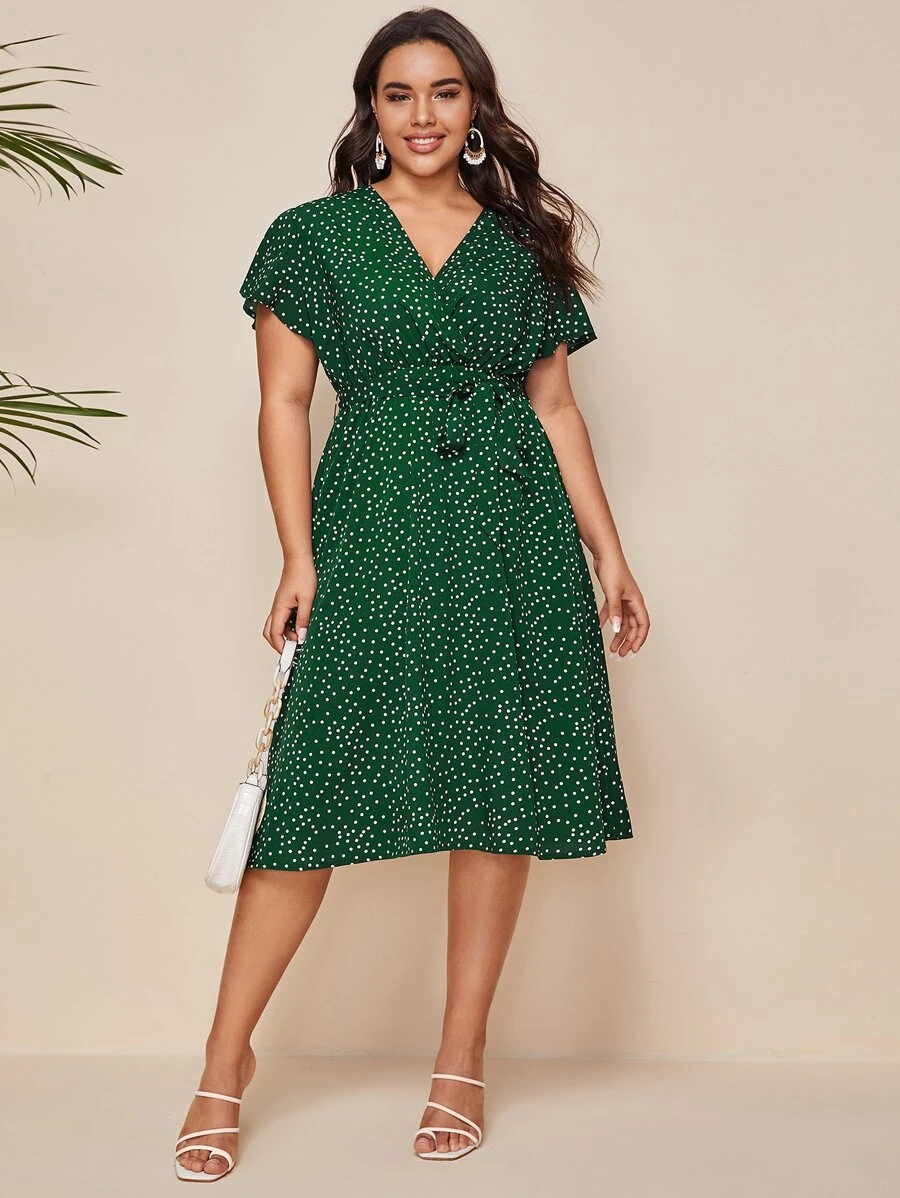 SHEIN VCAY Plus Polka Dot Belted A-line Dress - Green - View 1