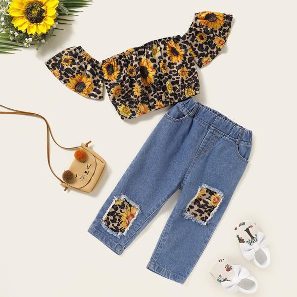 

Baby Girl Leopard Sunflower Bardot Top With Patched Jeans, Multicolor