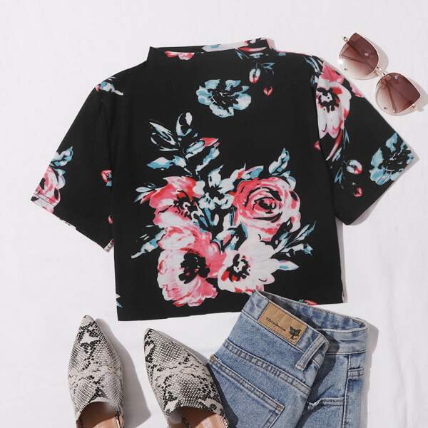 

Floral Print Mock Neck Crop Tee, Black