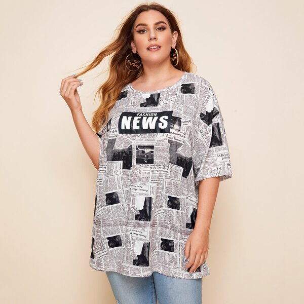 

Футболка размера плюс с принтом газеты, Белый