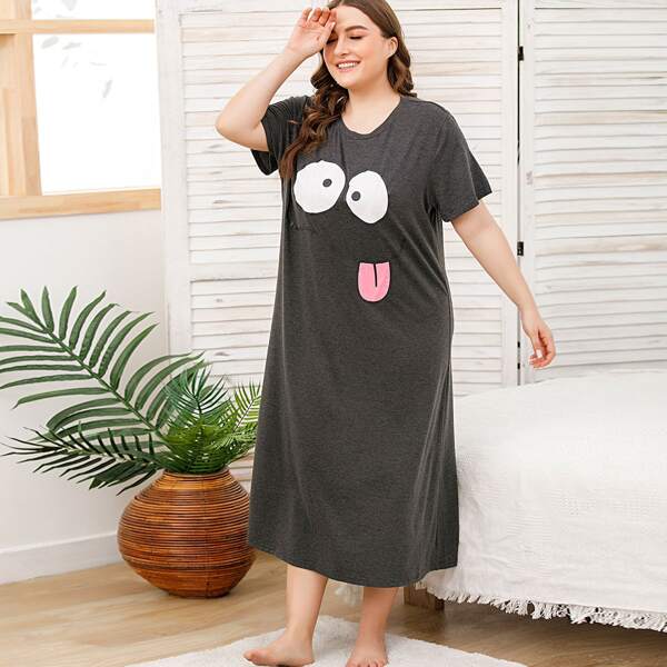 

Plus Cartoon Graphic Night Dress, Grey