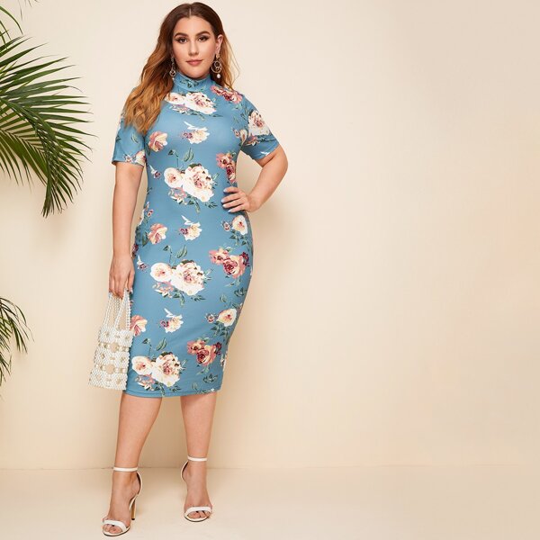 

Plus Mock Neck Floral Print Dress, Dusty blue