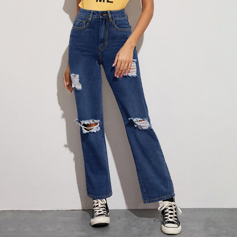 

Dark Wash Ripped Straight Leg Jeans