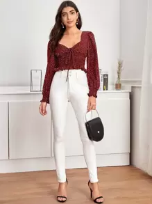 SHEIN Frenchy 前繫帶打褶圓點圖案上衣 - 酒紅色 - 查看 4