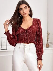 SHEIN Frenchy 前繫帶打褶圓點圖案上衣 - 酒紅色 - 查看 5