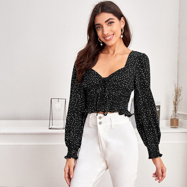 

Tie Front Shirred Polka-dot Print Top, Black