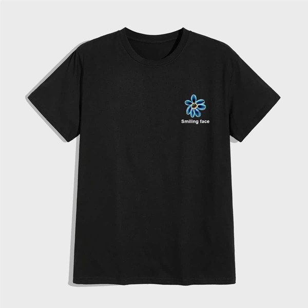 

Men Floral And Slogan Graphic Tee, Black
