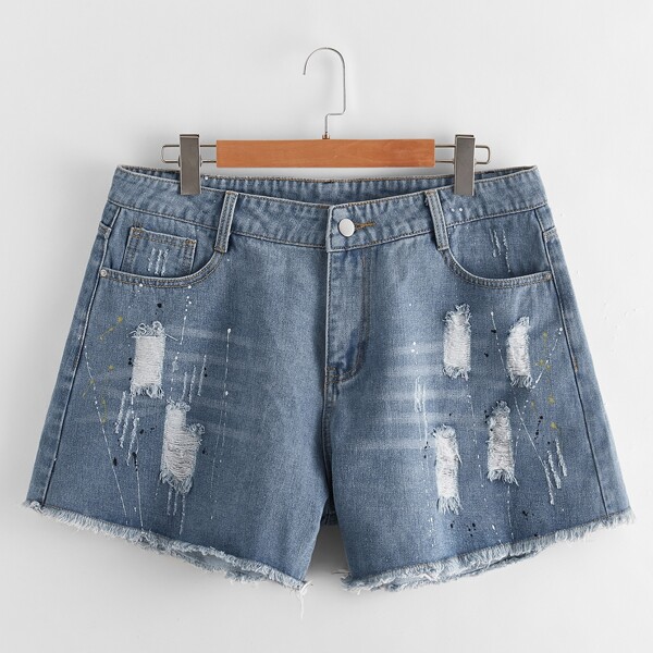 

Plus Ripped Raw Hem Denim Shorts, Medium wash