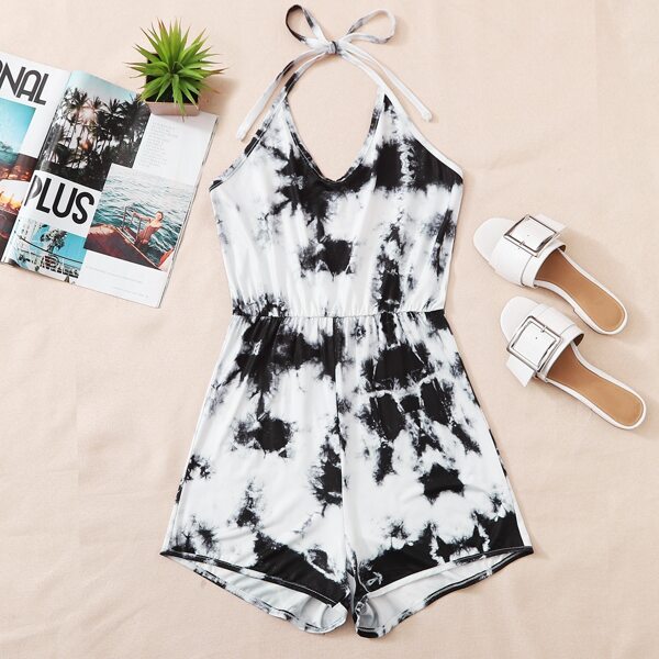 

Tie Dye Backless Halter Romper, Black and white