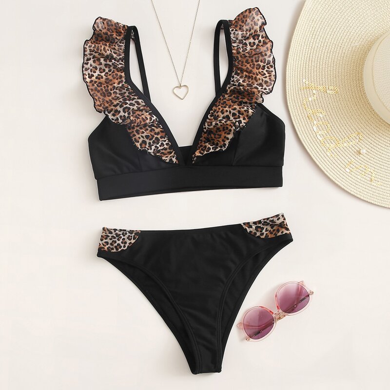 

Leopard Ruffle Trim Bikini Swimsuit, Black