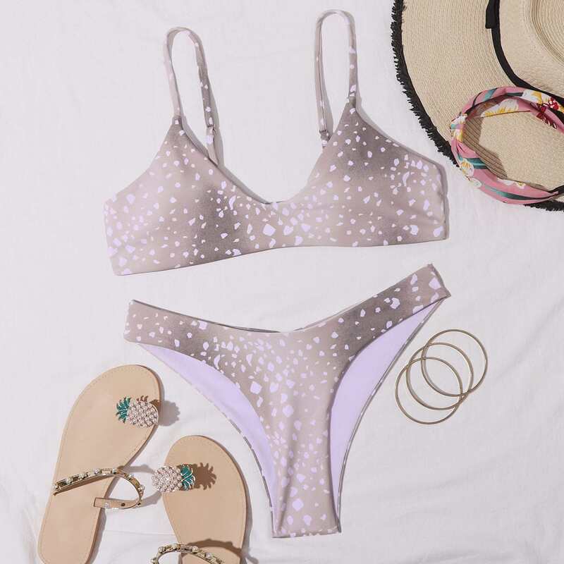 

Allover Print Cheeky Bikini Swimsuit, Purple