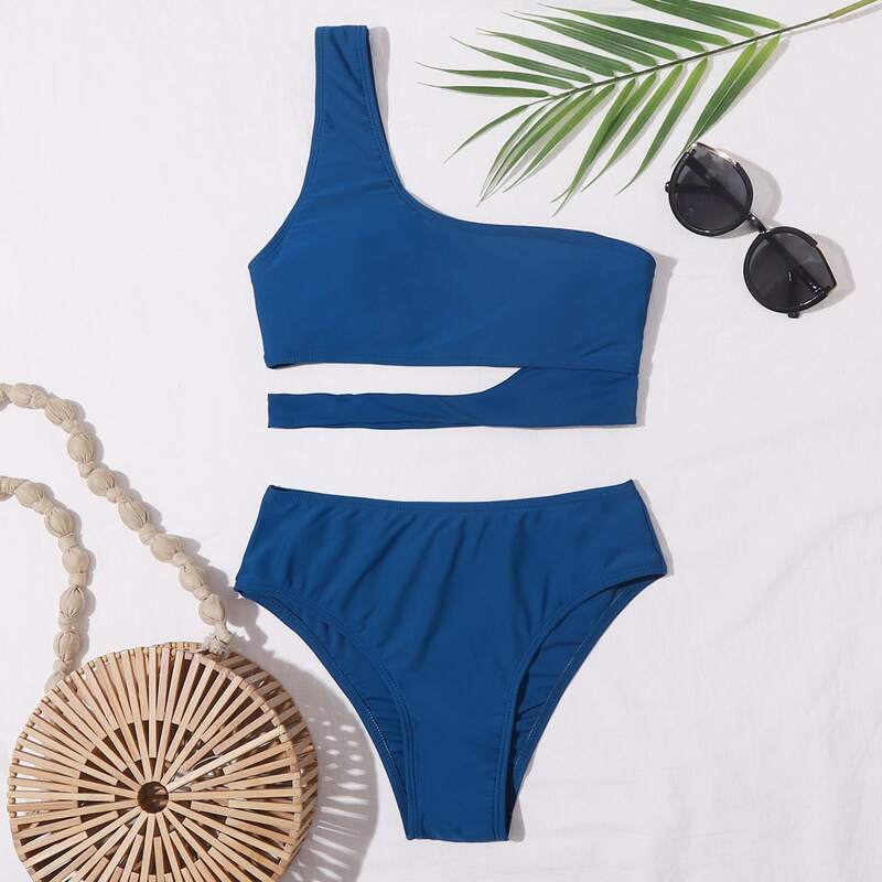 

Cut Out One Shoulder Bikini Swimsuit, Blue