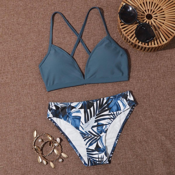 

Tropical Print Bikini Swimsuit, Dusty blue