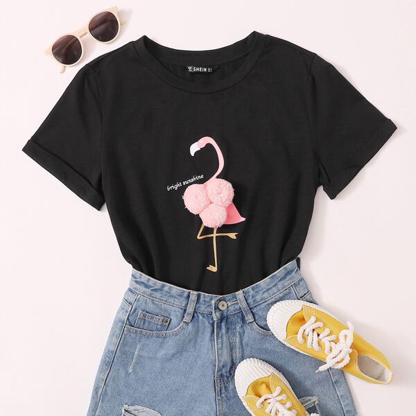 

Faux Fur Flamingo & Slogan Graphic Top, Black