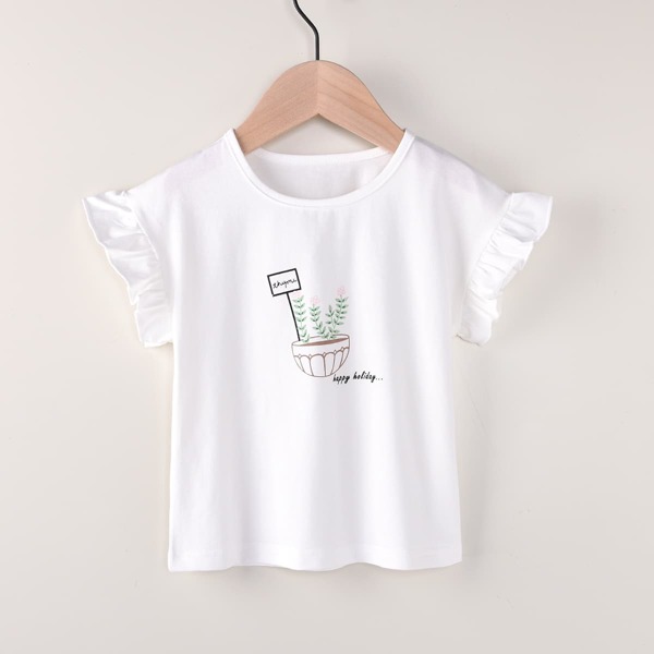 

Toddler Girls Plant And Slogan Graphic Ruffle Trim Tee, White
