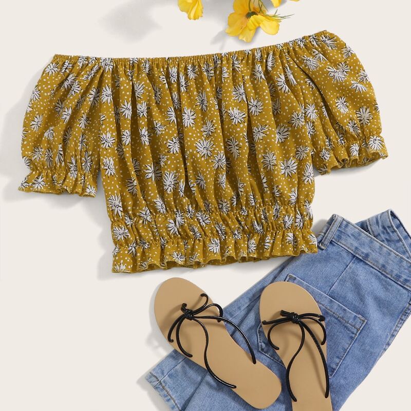

Floral Print Frill Trim Bardot Blouse, Yellow