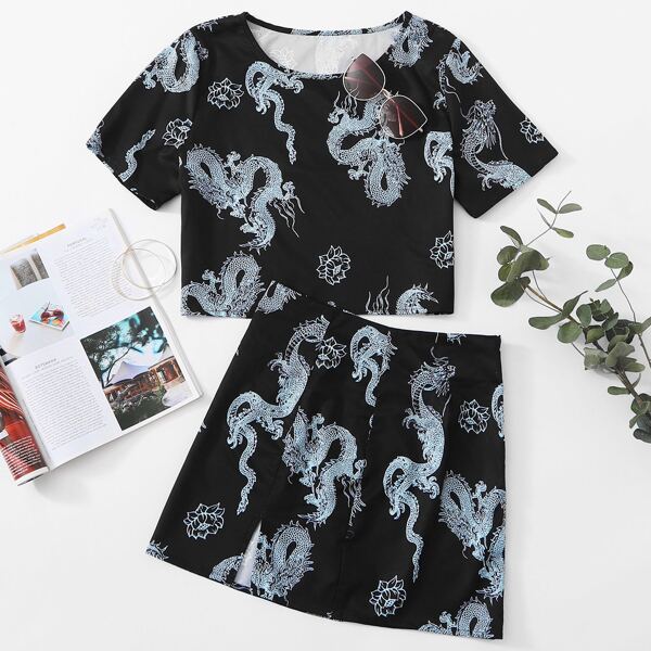 

Dragon Print Crop Tee & Skirt, Black