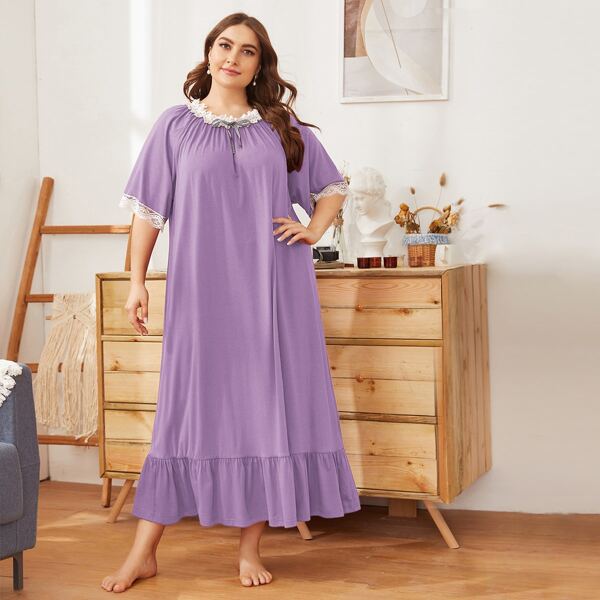 

Plus Raglan Sleeve Contrast Lace Ruffle Hem Nightdress, Lilac purple