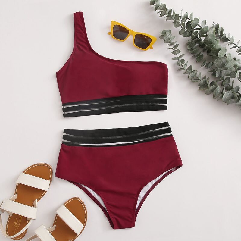 

Striped Tape One Shoulder Bikini Swimsuit, Burgundy