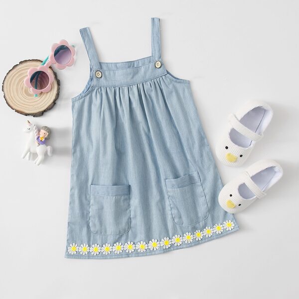 

Toddler Girls Appliques Dual Pocket Overall Dress, Light wash