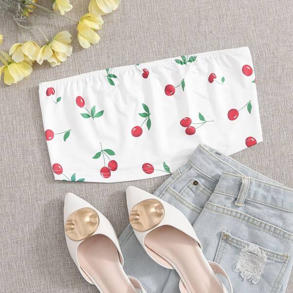 

Cherry Print Crop Tube Top, White
