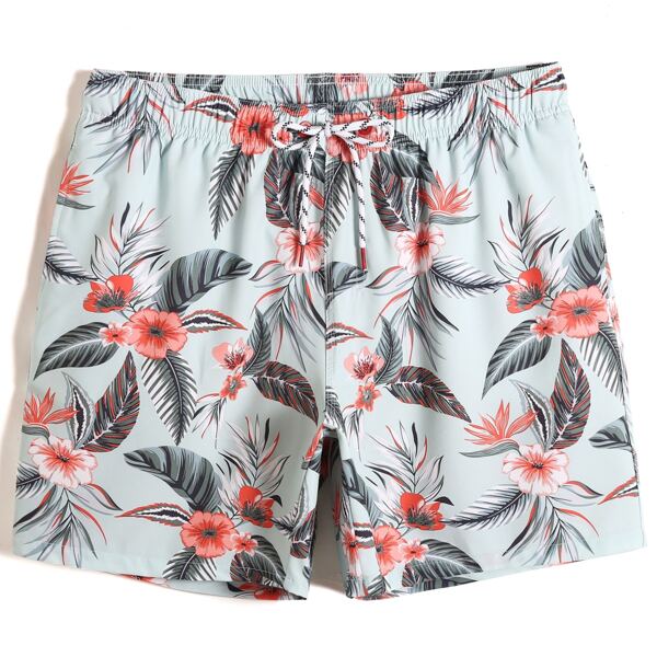 

Men Tropical Print Swim Trunks, Blue