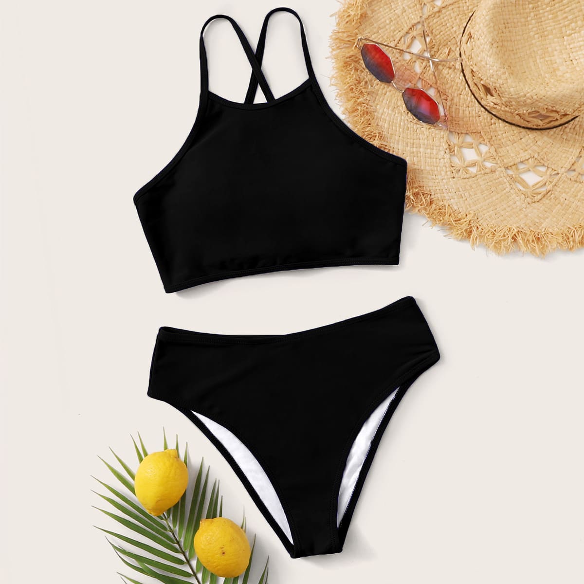 

Tie Back High Waisted Bikini Swimsuit, Black
