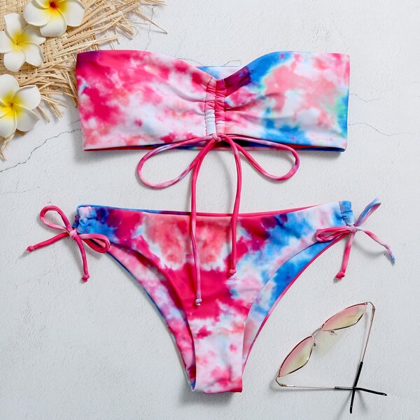 

Tie Dye Bandeau Tie Side Bikini Swimsuit, Multicolor